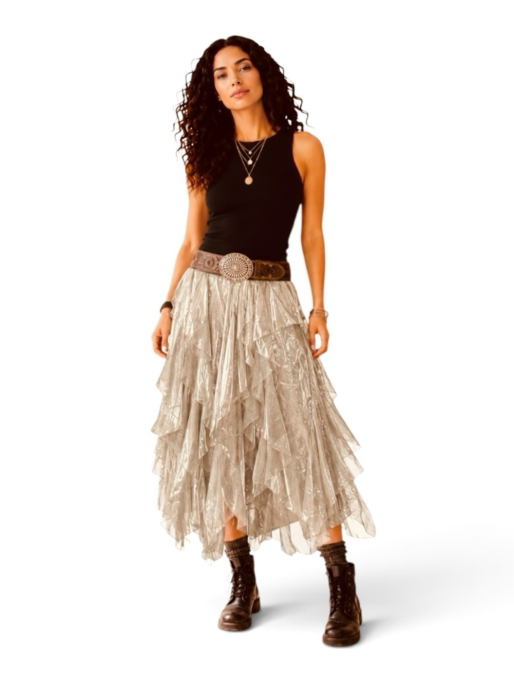 Chelsea & Violet Women’s Gold Metallic Tiered Handkerchief Maxi Skirt Large NWT